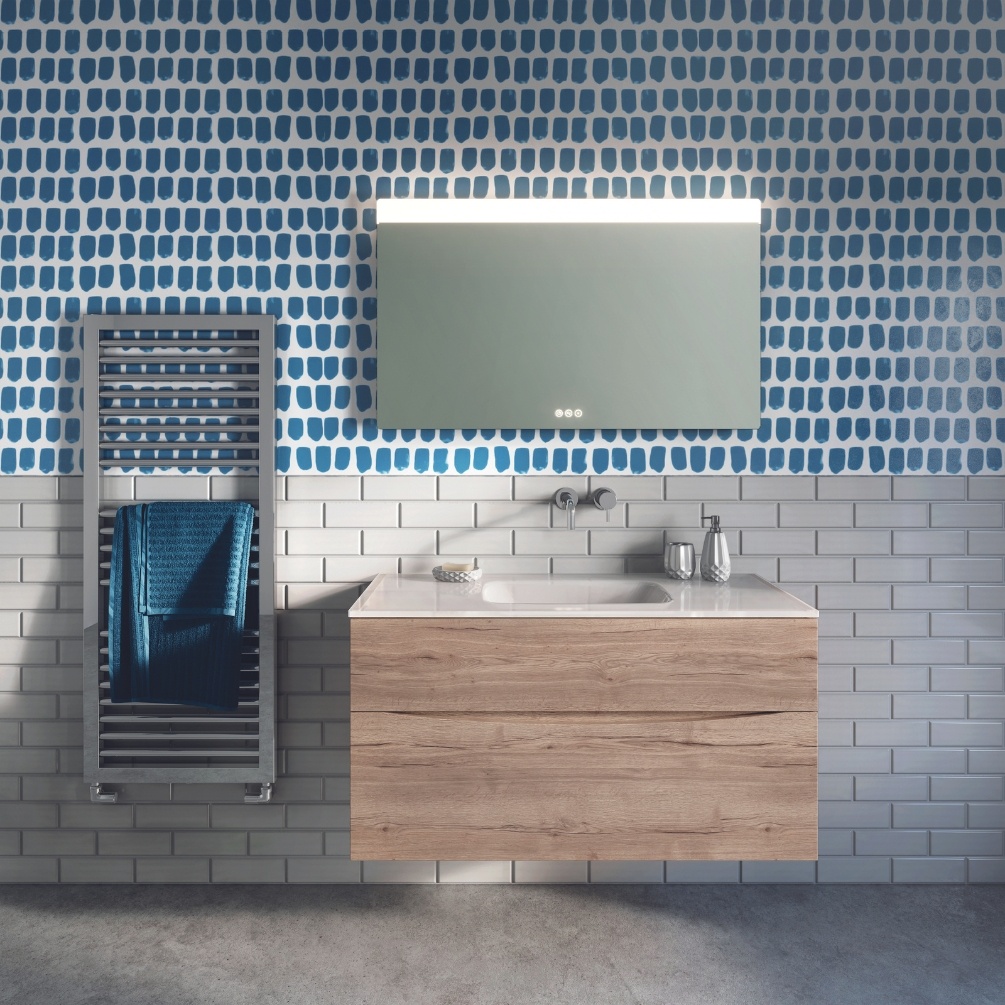 Product Cut out image of the Crosswater Glide II Windsor Oak 1000mm Double Drawer Unit with Ice White Glass 1 Tap Hole Basin